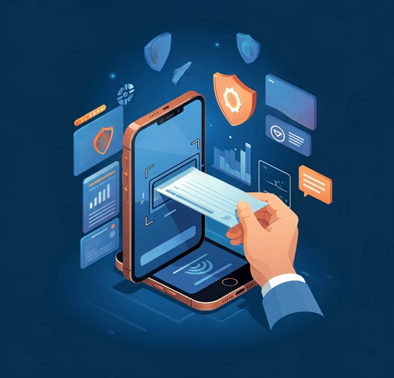 Illustration of a check being deposited through a mobile phone