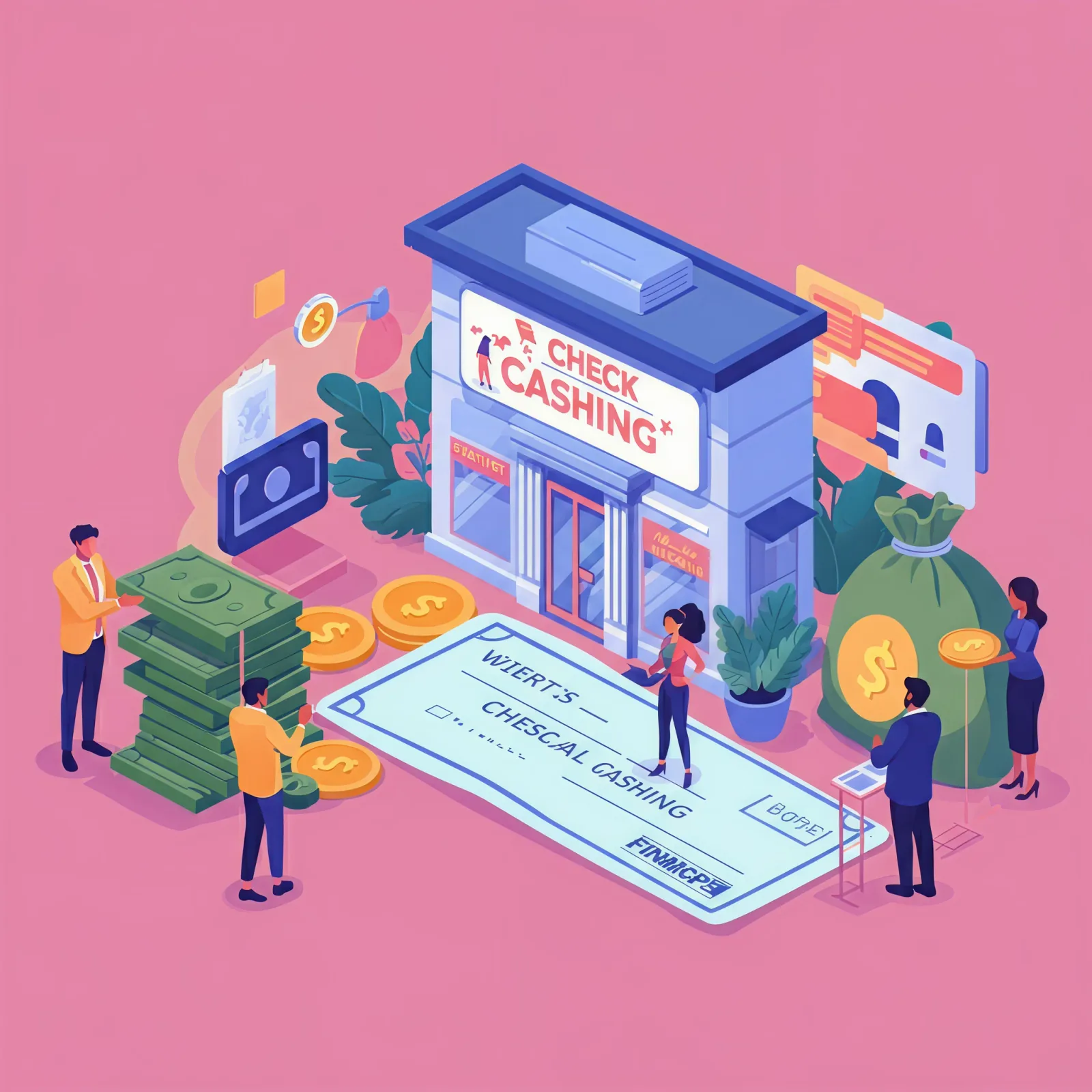 Illustration of a check cashing storefront with customers and cash