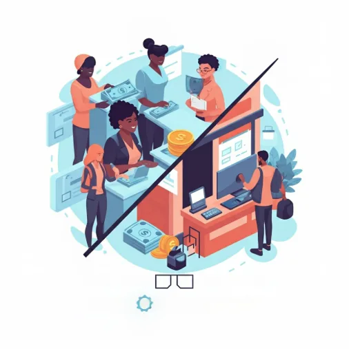 Illustration comparing check cashing counter service with bank service