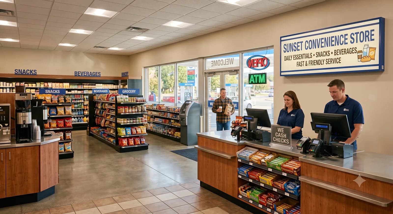 Convenience store counter with We Cash Checks sign