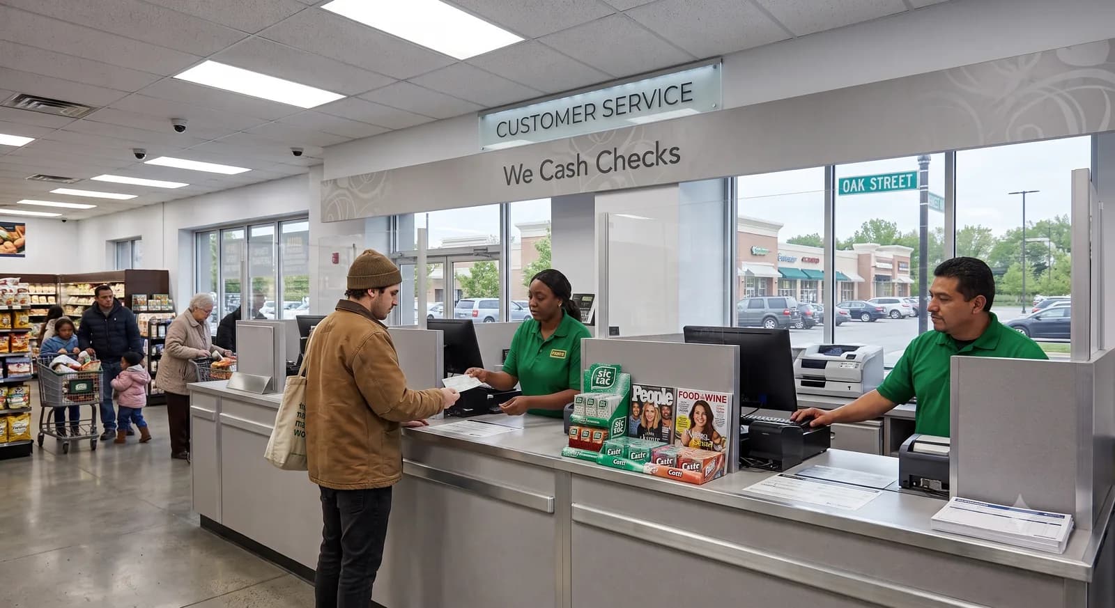 Grocery customer service counter cashing a check
