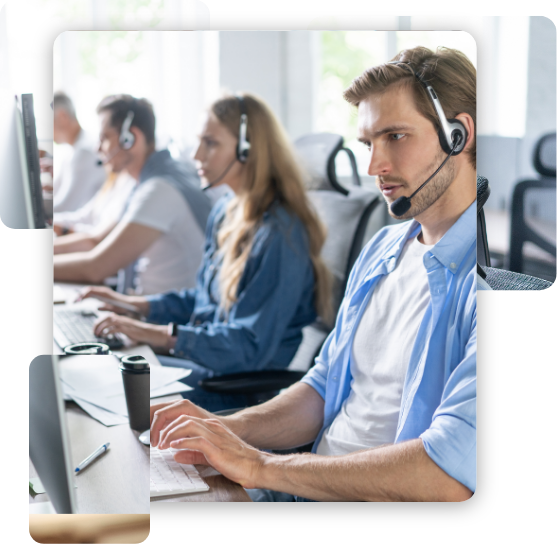 Young handsome male customer support phone operator with headset working in call center