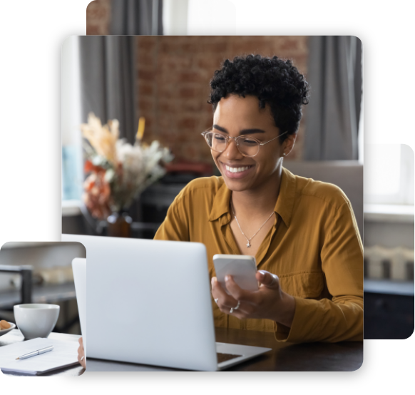 Woman sit at workplace desk holds cellphone staring at laptop, synchronize data between computer and gadget in office, use corporate devices and business application, plan work, use organizer