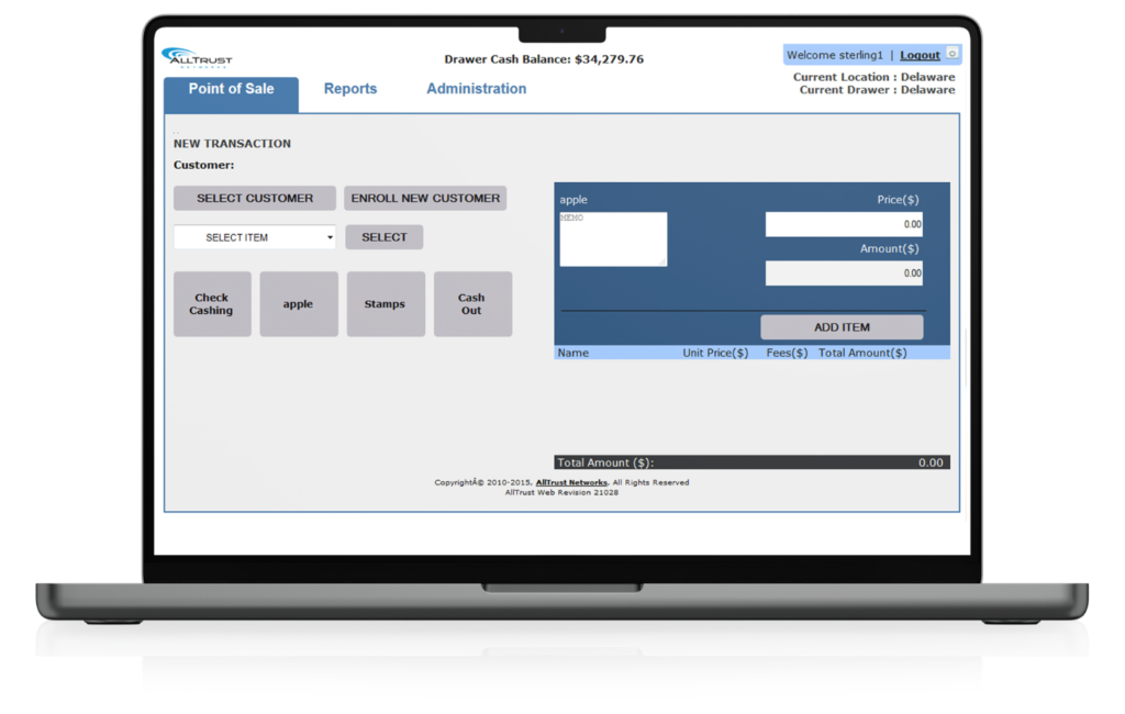 Computer showing one software page. Point of sale page