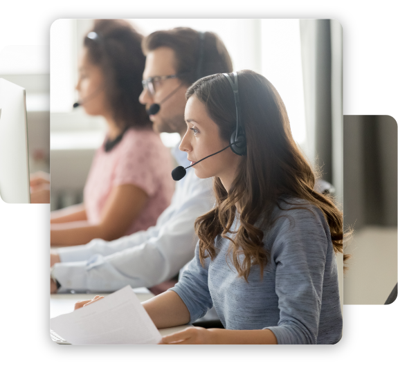 Call center agent in headset consulting client, woman in headphones working with documents, looking at computer screen, group employees sitting at workplace in customer support service office