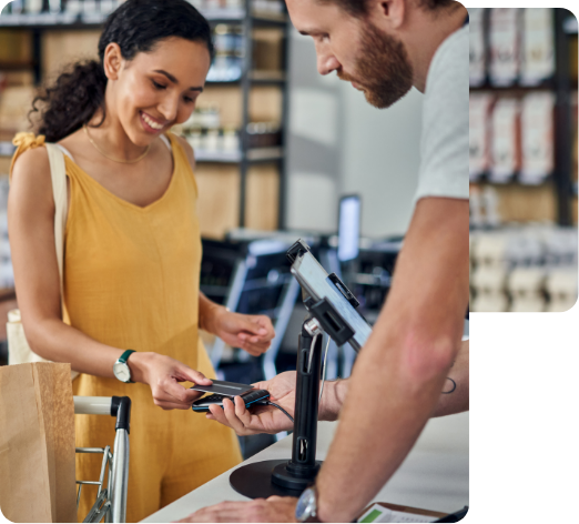 A happy customer using check cashing software at the convenience store